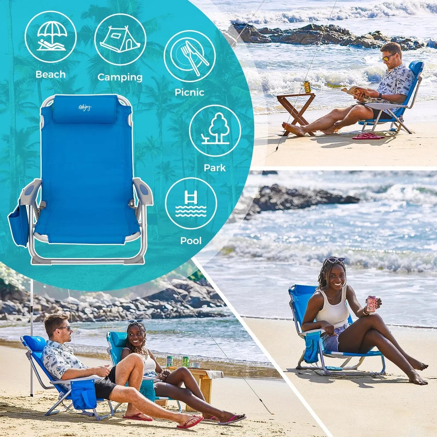 Ultimate Comfort: 4-Position Adjustable Backpack Beach Chair - Lightweight Aluminum Relaxation with Headrest, Cup Holder, and Towel Rack - Holds Up to 265 lbs!