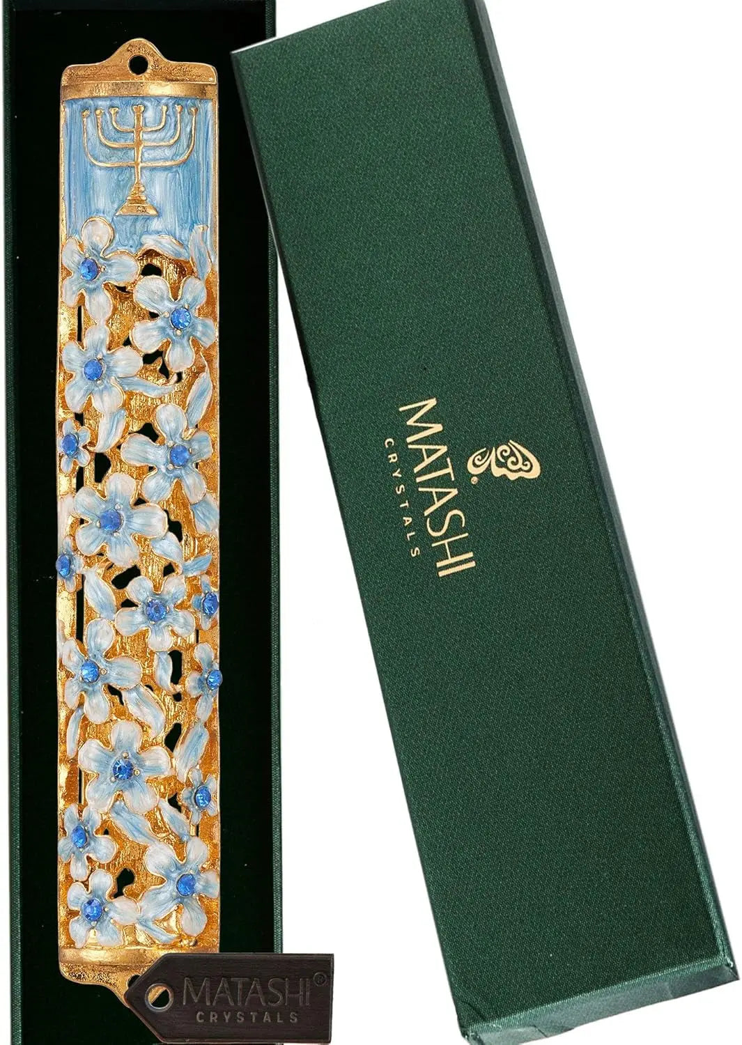 Hand Painted Blue and Ivory Enamel Flower Mezuzah Embellished with Gold Accents and Menorah Design Crystals Home Door Wall Decor Housewarming Present Gift for Festival(5.5 Inch)