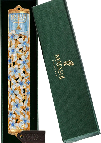 Hand Painted Blue and Ivory Enamel Flower Mezuzah Embellished with Gold Accents and Menorah Design Crystals Home Door Wall Decor Housewarming Present Gift for Festival(5.5 Inch)