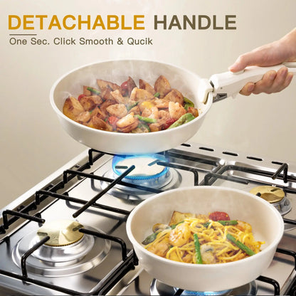 20-Piece Non-Stick Ceramic Cookware Set with Detachable Handles, Oven Safe and Induction Compatible, Stackable RV Kitchen Set in Cream White