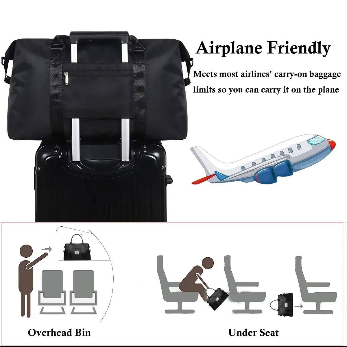 37L Waterproof Duffle Bag for Women, Tear-Resistant Gym Travel Bag with Adjustable Shoulder Strap & Trolley Sleeve, Airline Approved Carry-On Weekender Bag with Wet/Dry Pocket, Black