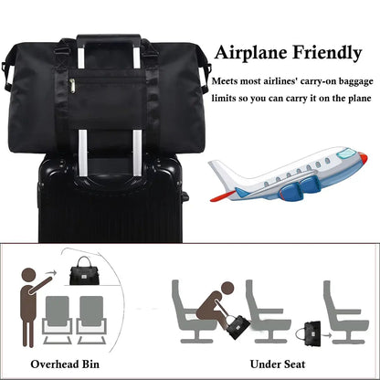 37L Waterproof Duffle Bag for Women, Tear-Resistant Gym Travel Bag with Adjustable Shoulder Strap & Trolley Sleeve, Airline Approved Carry-On Weekender Bag with Wet/Dry Pocket, Black