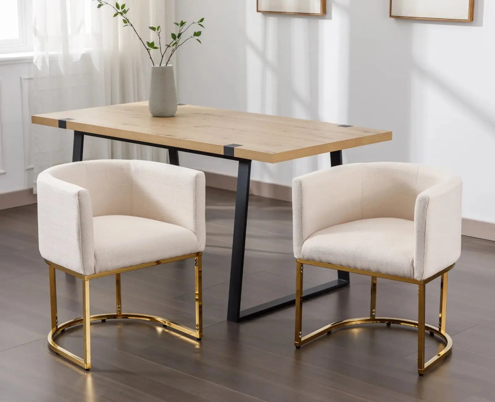 Modern Linen Dining Chair, Mid-Century Upholstered Barrel Kitchen Chairs Fabric Side Chair with Metal Legs and Curved Back for Living Room Dining Room Bedroom, Cream