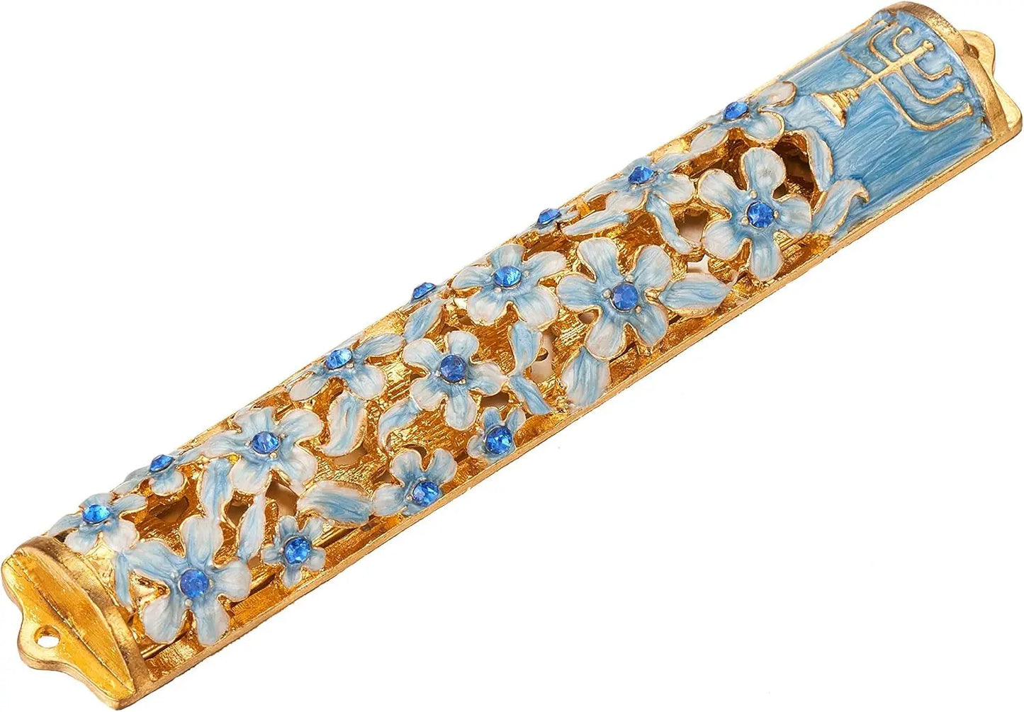 Hand Painted Blue and Ivory Enamel Flower Mezuzah Embellished with Gold Accents and Menorah Design Crystals Home Door Wall Decor Housewarming Present Gift for Festival(5.5 Inch)