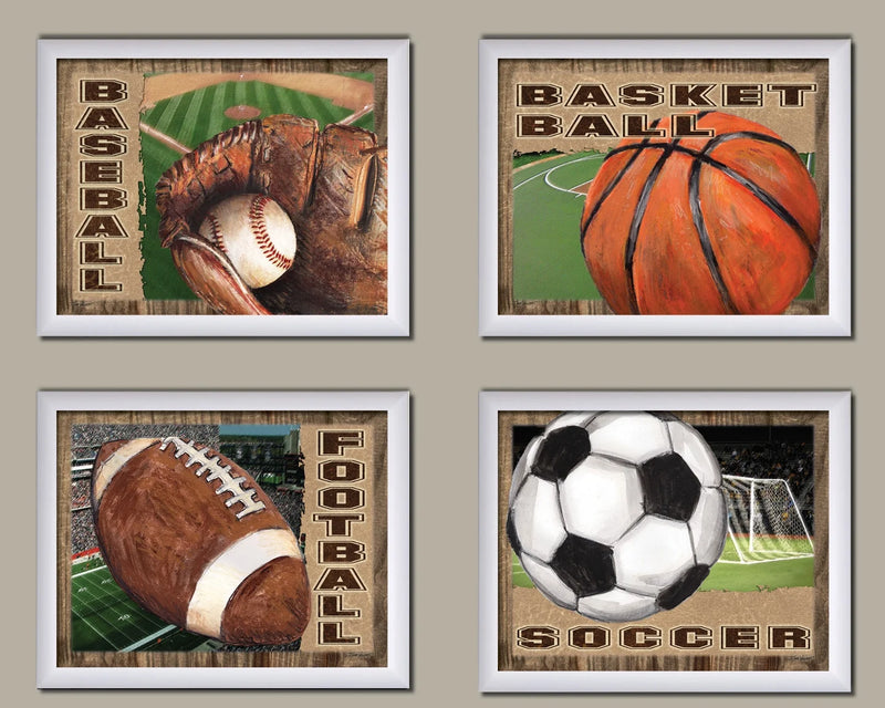 4 Popular American Sports Set Basketball Baseball Football and Soccer; Four 10X8In Mounted Prints; Ready to Hang!