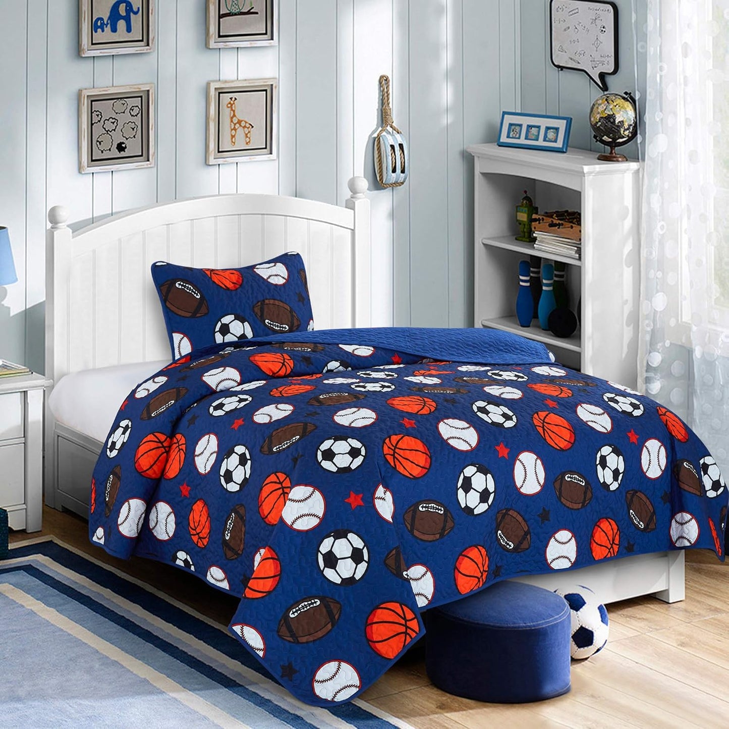 Blue Twin Quilt Set, Football Baseball Print Quilt Set Basketball Sports Soccer Fan Theme Bedspread for Twin Bed Quilted with Pillow Sham(Football, Twin)