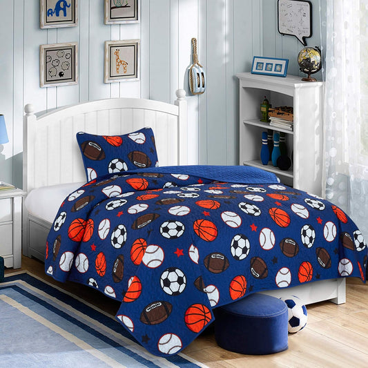Blue Twin Quilt Set, Football Baseball Print Quilt Set Basketball Sports Soccer Fan Theme Bedspread for Twin Bed Quilted with Pillow Sham(Football, Twin)