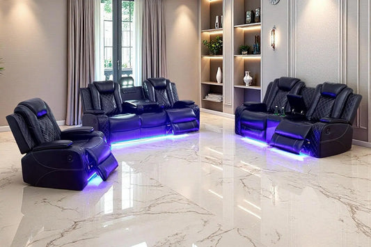 Power Recliner Sofa Set, Black Leather 3 Pieces Sectional Couch, Living Room Furniture Sets with LED Light, Modern Power Reclining Sets with Storage Console/Cup Holder for Living Room