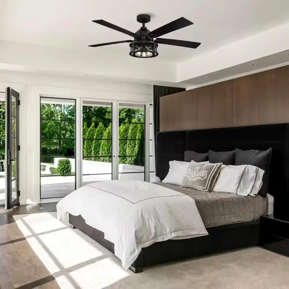 52 In. Indoor Industrial Mesh Metal Reversible Blades Black Ceiling Fan with Light Kit and Remote Control
