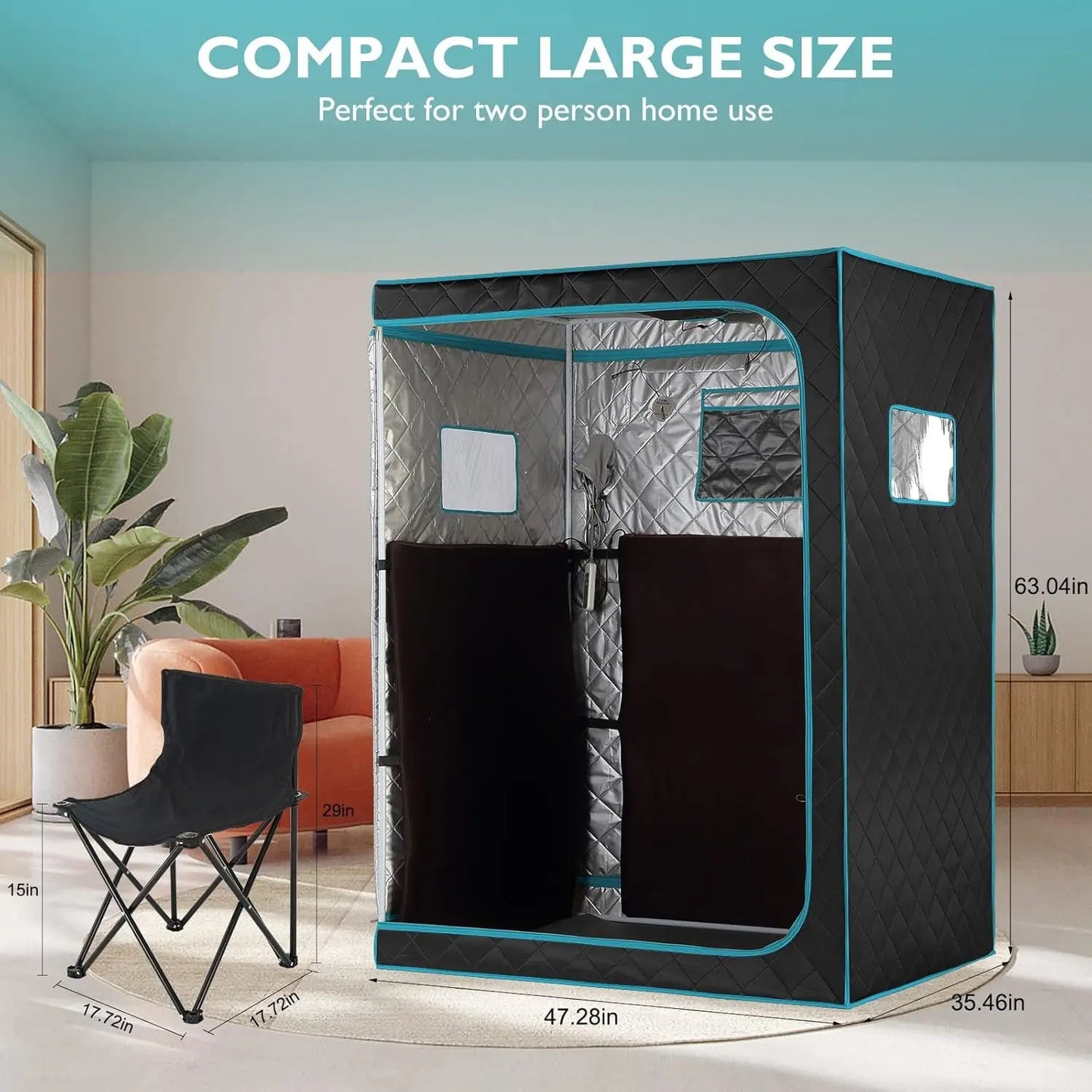 Portable Far Infrared Sauna, Home Two Person Sauna Box with 660Nm Red Light Therapy Lamp, X-Large Full Size Indoor SPA Tent for Body Recovery, Remote Control, 2 Folding Chairs, Blackgreen