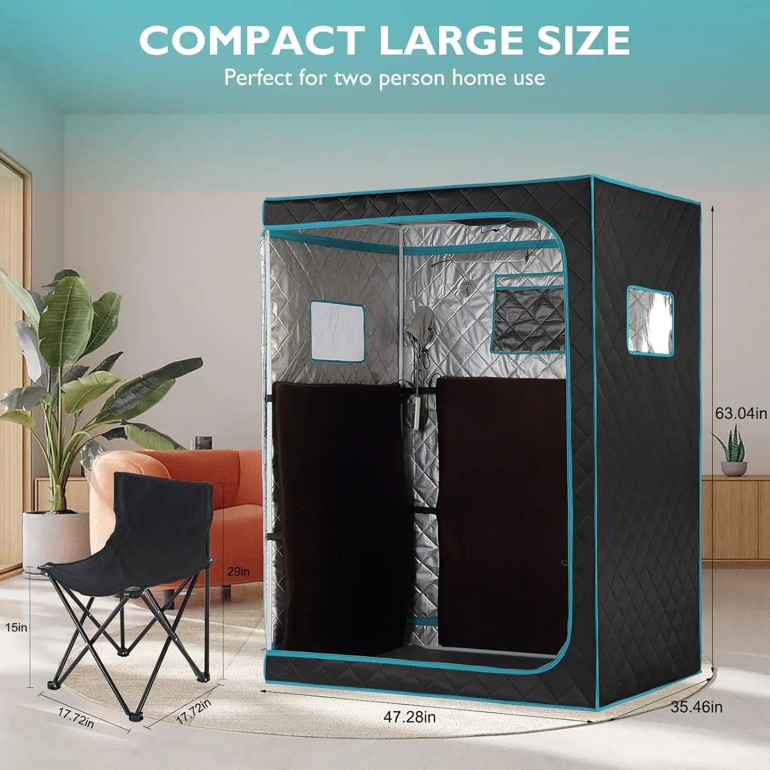 Portable Far Infrared Sauna, Home Two Person Sauna Box with 660Nm Red Light Therapy Lamp, X-Large Full Size Indoor SPA Tent for Body Recovery, Remote Control, 2 Folding Chairs, Blackgreen