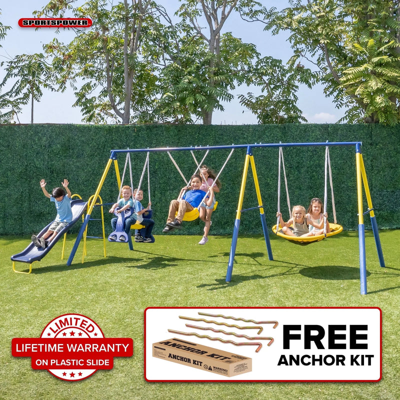 Elevate Playtime! 🌟 Super Star Metal Swing Set with Saucer & Glider Swings + Lifetime Warranty on Slide! Perfect for Kids 3-8! 🛝🎉