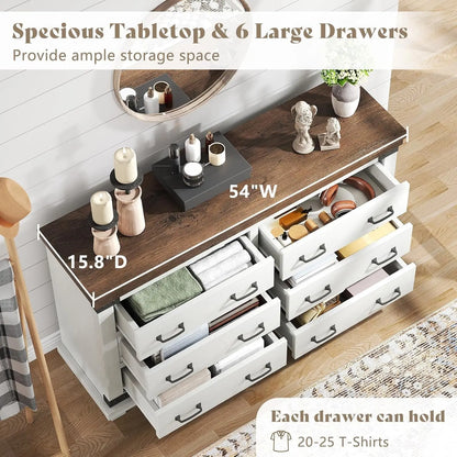 5 Pieces Farmhouse Bedroom Set, Includes Wood Rustic Queen Bed Frame with 54" Tall Headboard, 6 Drawer Dresser Chest, 5 Drawer Tall Dresser, Nightstands Set of 2 with Charging Station, White