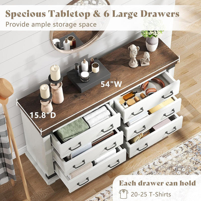 5 Pieces Farmhouse Bedroom Set, Includes Wood Rustic Queen Bed Frame with 54" Tall Headboard, 6 Drawer Dresser Chest, 5 Drawer Tall Dresser, Nightstands Set of 2 with Charging Station, White