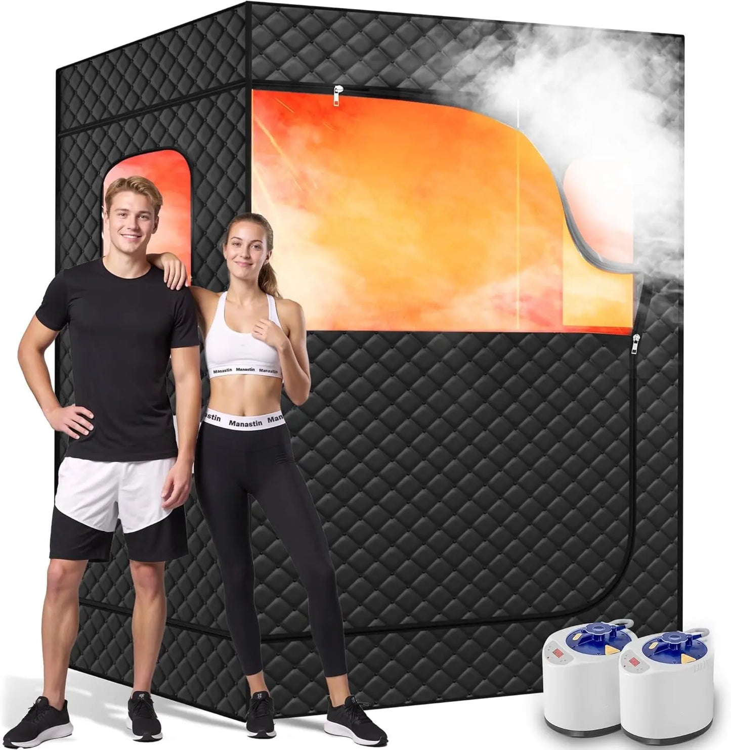 2 Person Portable Steam Sauna for Home, 1 or 2 Person Full Body Home Spa with 2 Foldable Chairs,9 Levels of Sauna Box with Remote Control, (Black, Large)