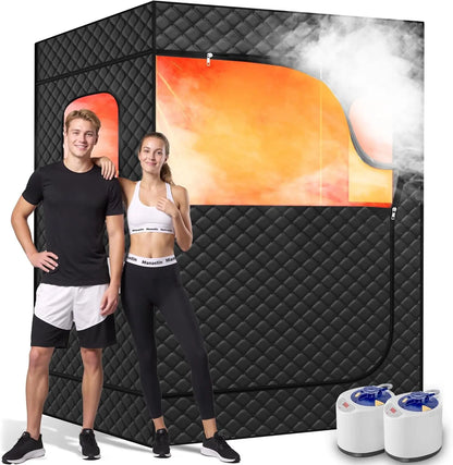 2 Person Portable Steam Sauna for Home, 1 or 2 Person Full Body Home Spa with 2 Foldable Chairs,9 Levels of Sauna Box with Remote Control, (Black, Large)