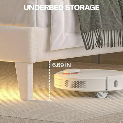 Full Size Bed Frame with Led Lights, Upholstered Velvet Platform Bed Frames with Button Tufted Wingback Headboard and Footboard, Wooden Slats Support, No Box Spring Needed, Beige