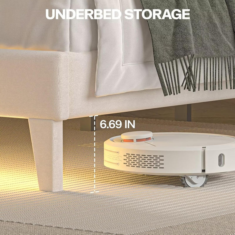 Full Size Bed Frame with Led Lights, Upholstered Velvet Platform Bed Frames with Button Tufted Wingback Headboard and Footboard, Wooden Slats Support, No Box Spring Needed, Beige