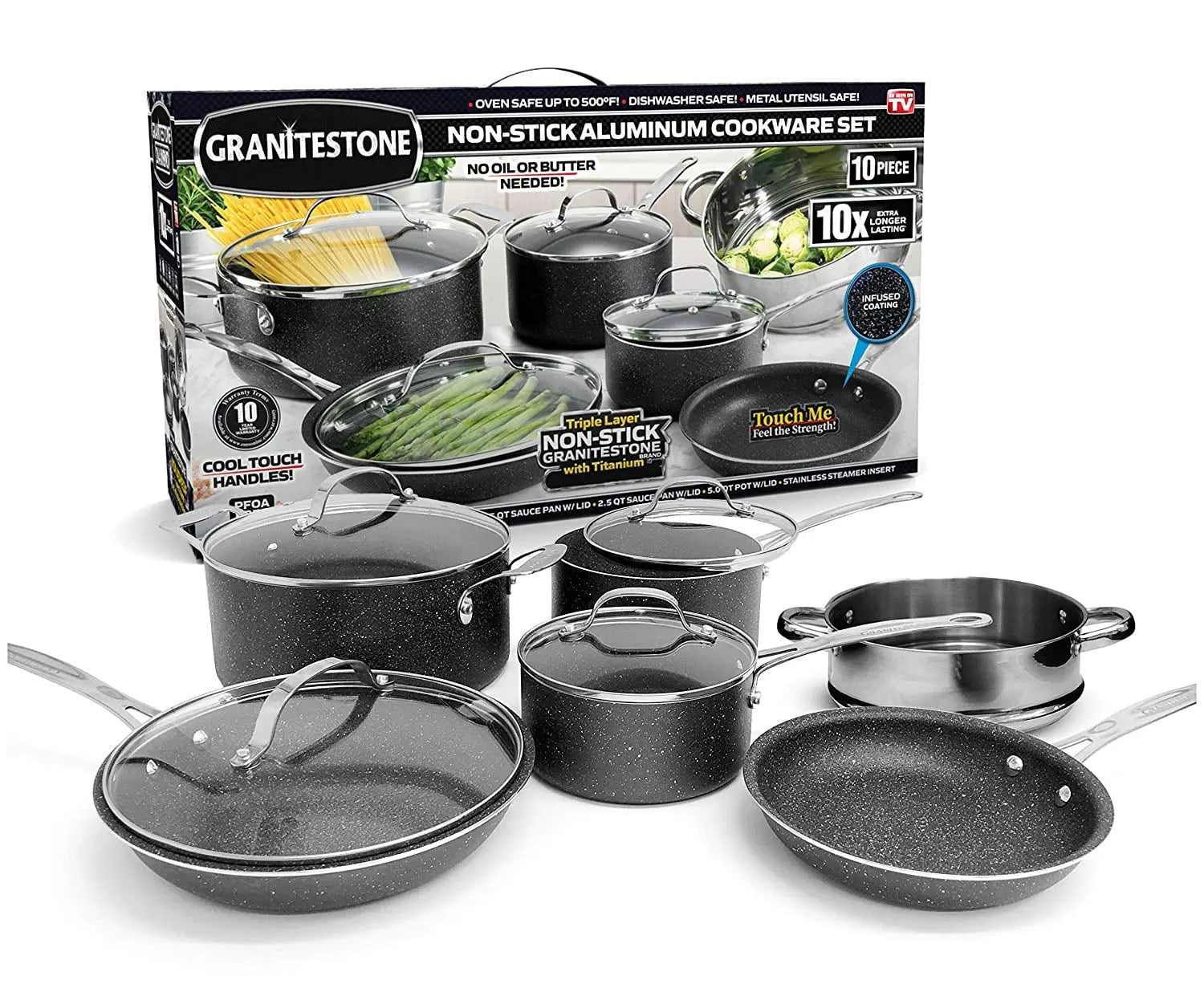 10-Piece Nonstick Cookware Set in Black - Includes Frying Skillet, Sauce Pan, and Stock Pot