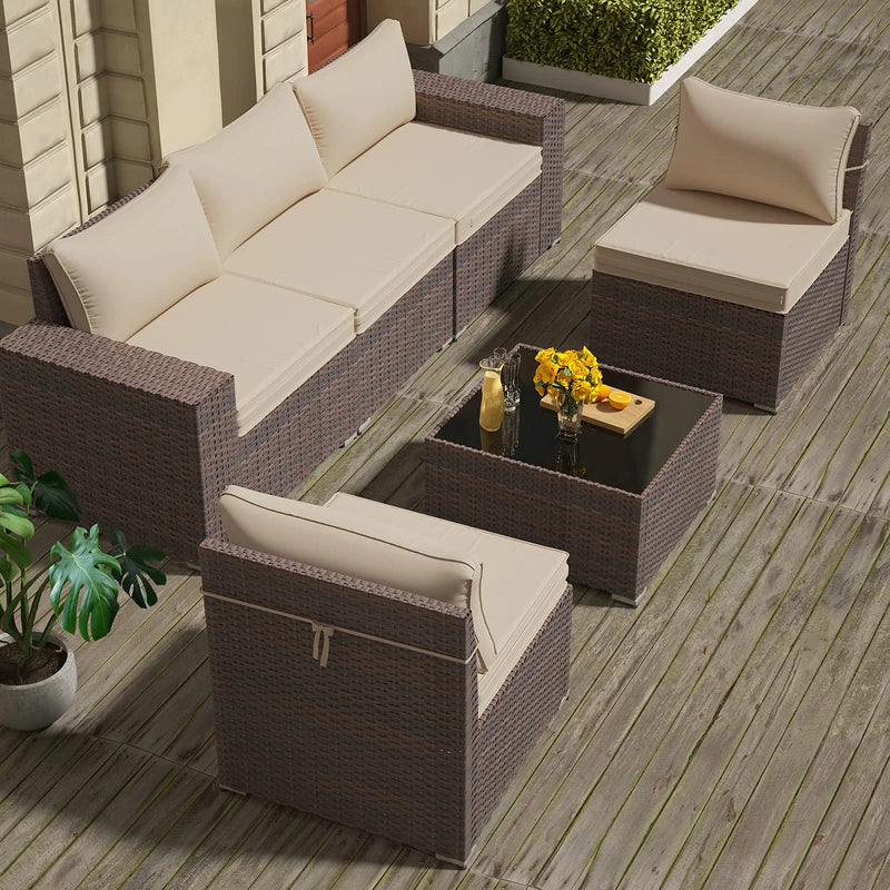 Patio Furniture Sets 6 Pieces PE Rattan Wicker Furniture Patio Sofa Set(Sand)