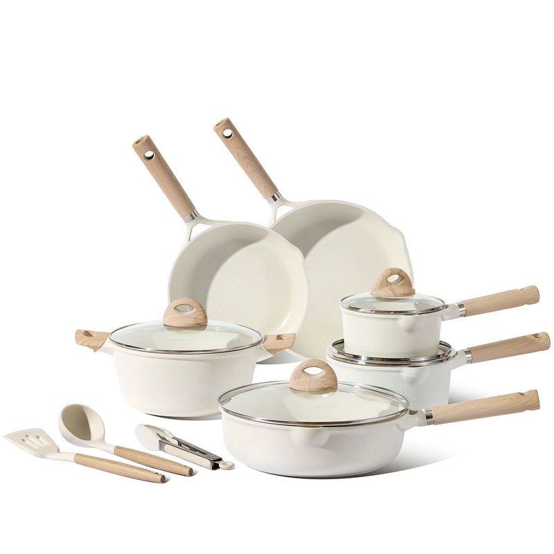 Nonstick Pots and Pans Set, 13 Pieces Kitchen Cookware Sets Compatible for All Stoves, White Granite