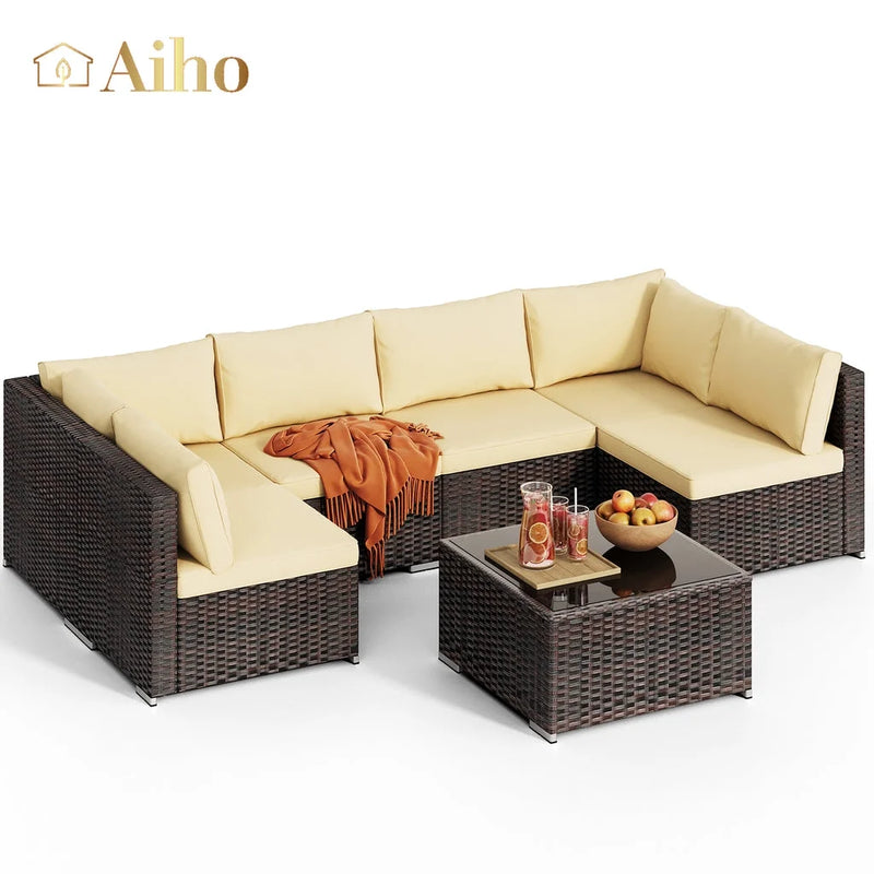 7 Piece Patio Furniture Sets,  Outdoor Sectional Sofa with Glass Coffee Table & Cushions for Patio - Beige