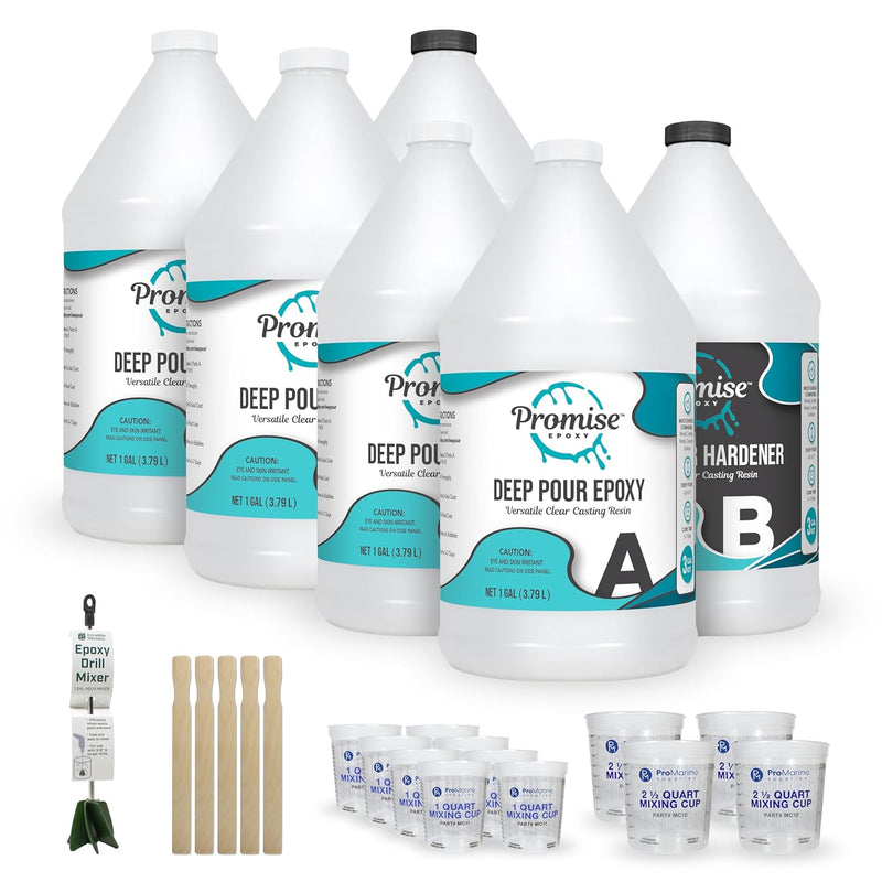Deep Pour Epoxy Resin Kit 6 Gal - Food Safe, Clear Casting, Ideal for River Tables, Artistic Castings and DIY Projects - High-Gloss Finish, up to 4" Pouring Depth - Usa-Made, Low Odor
