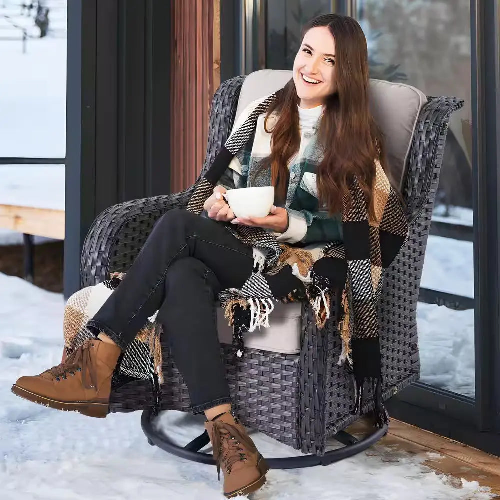 New Kenard Brown 7-Piece Wicker Patio Fire Pit Conversation Set with Beige Cushions and Swivel Rocking Chairs