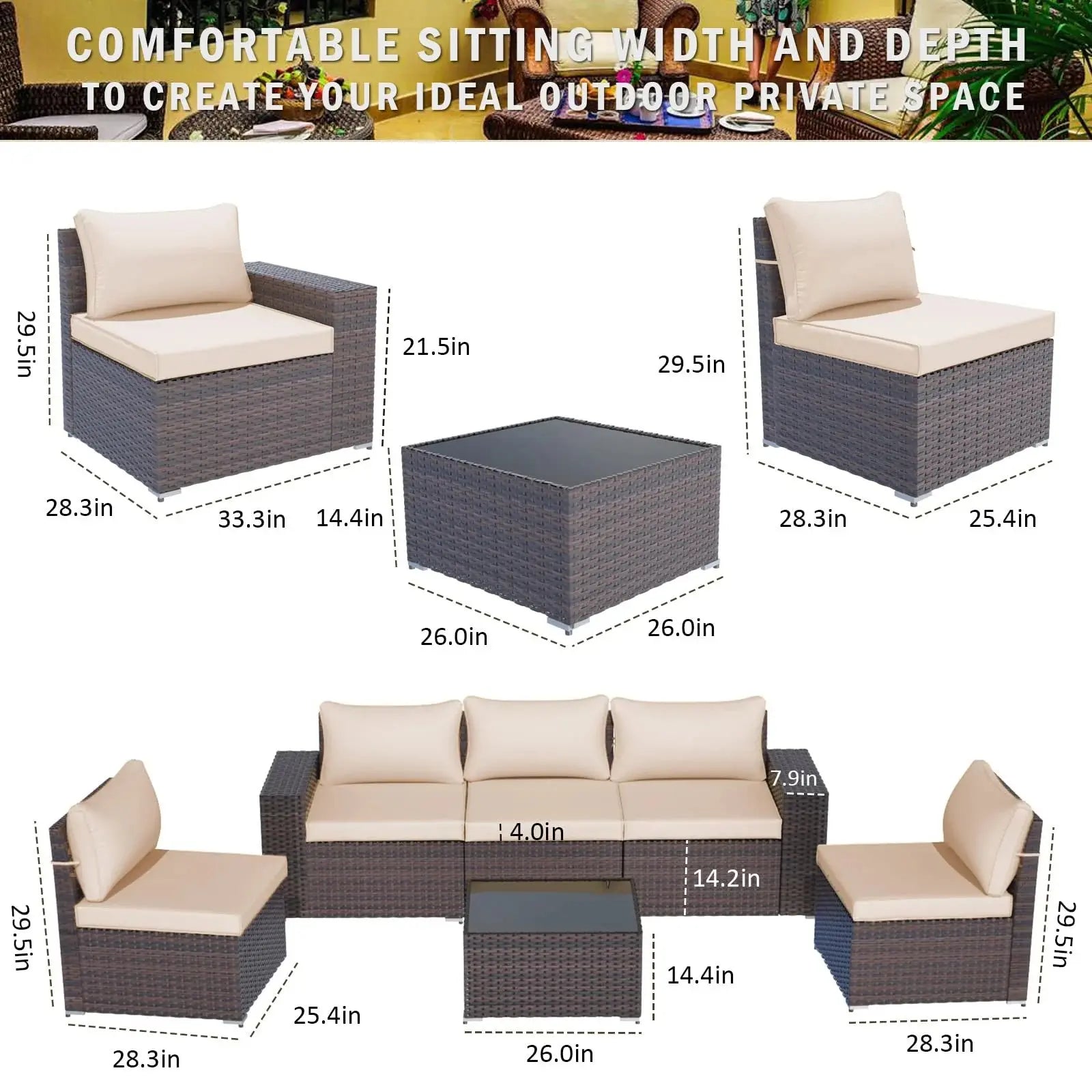 Patio Furniture Sets 6 Pieces PE Rattan Wicker Furniture Patio Sofa Set(Sand)