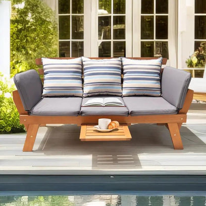 Chill in Style! 🌿✨ Meet the Katinka Eucalyptus Outdoor Daybed Sofa – complete with comfy pillows, a folding armrest, and a handy coffee tray! Perfect for your backyard oasis! ☕🌞