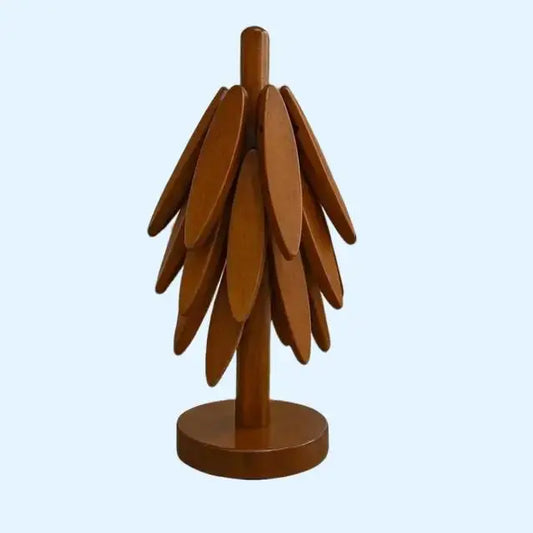 Handcrafted Wooden Trivet Tree – Hanging Leaf Trivet Holder & Heat Pads – Rustic Kitchen Decor