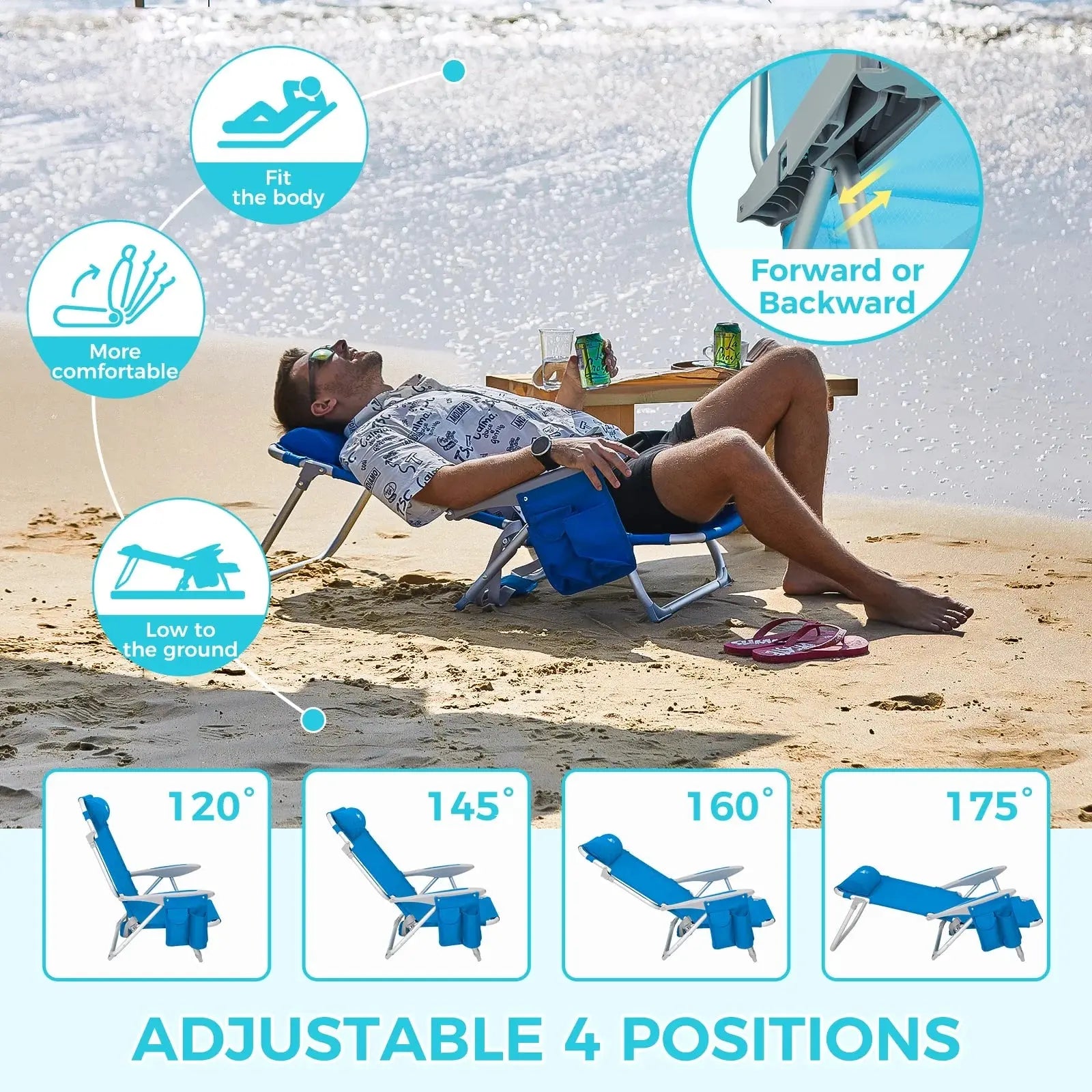 Ultimate Comfort: 4-Position Adjustable Backpack Beach Chair - Lightweight Aluminum Relaxation with Headrest, Cup Holder, and Towel Rack - Holds Up to 265 lbs!