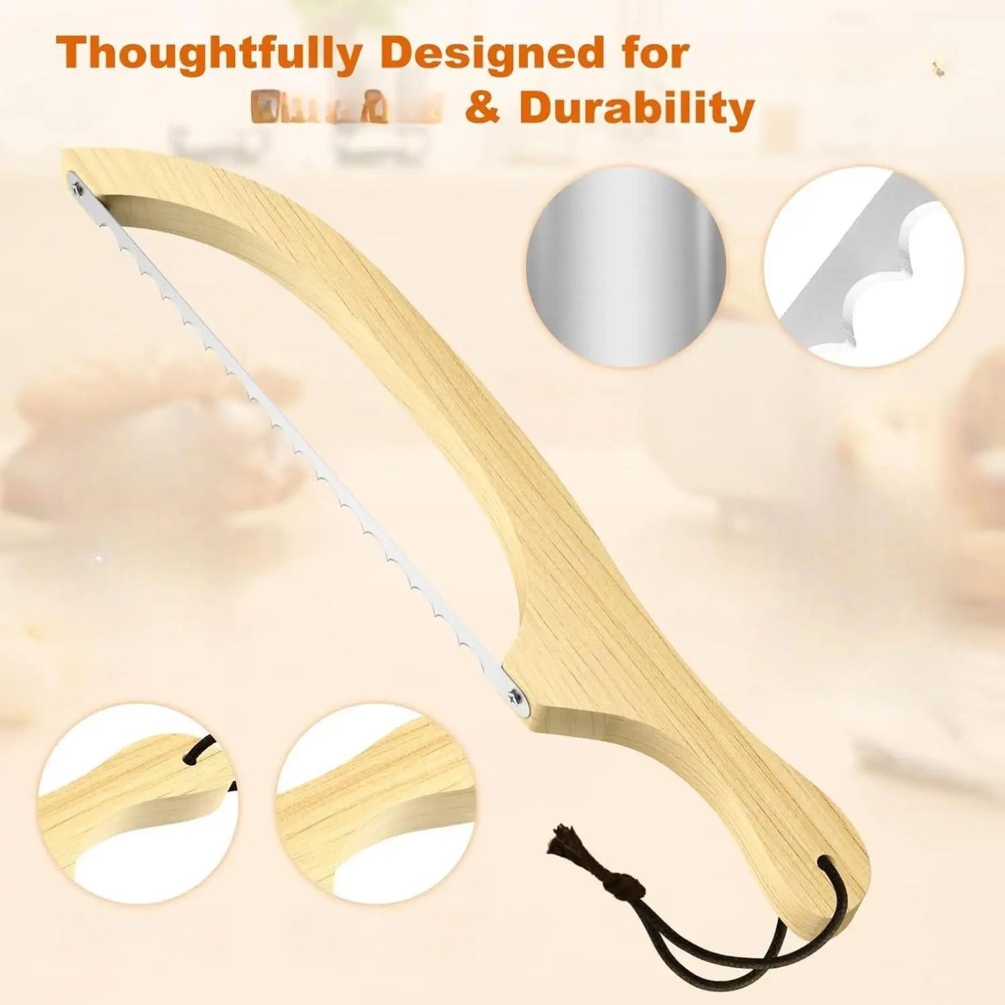 Bread Knife for Homemade Bread – 16" Walnut Bow Bread Cutter with Ultra-Sharp Serrated Stainless Steel Blade, Sourdough Bread Knife for Bagels, Baguettes, and Rustic Loaves - Wood Color