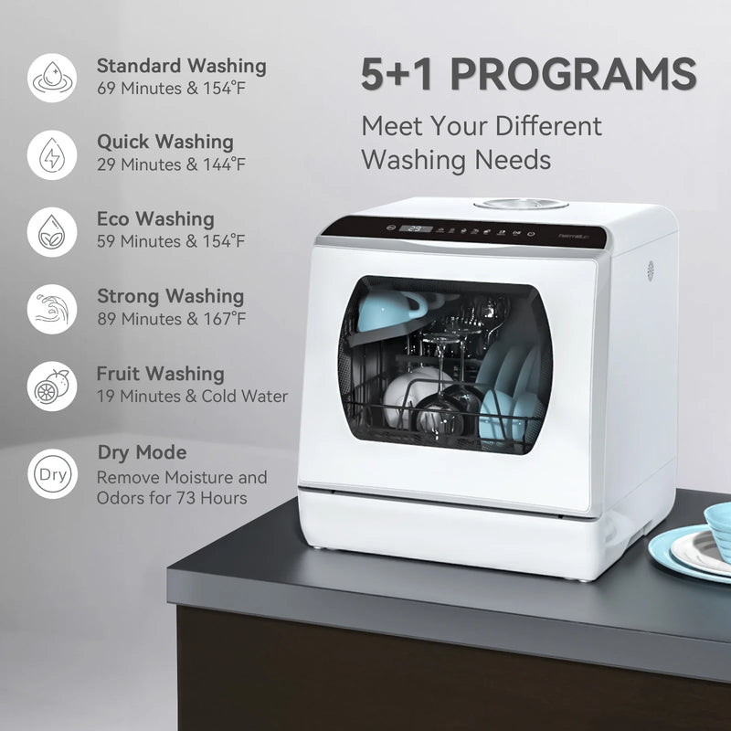 Portable Countertop Dishwasher, 5 Washing Programs, 5L Built-In Water Tank and Air-Dry Function, HMX-DW03
