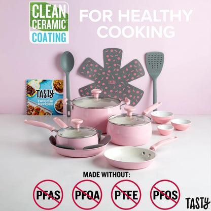 Get Cookin' with This Sassy 16 Piece Pink Non-Stick Aluminum Cookware Set – So Good, You’ll Want to Fry Everything!
