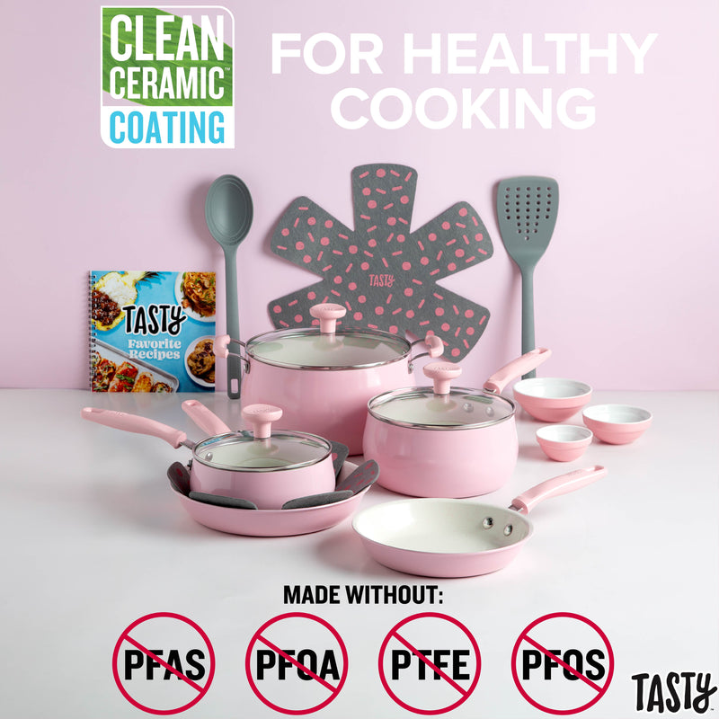 Get Cookin' with This Sassy 16 Piece Pink Non-Stick Aluminum Cookware Set – So Good, You’ll Want to Fry Everything!
