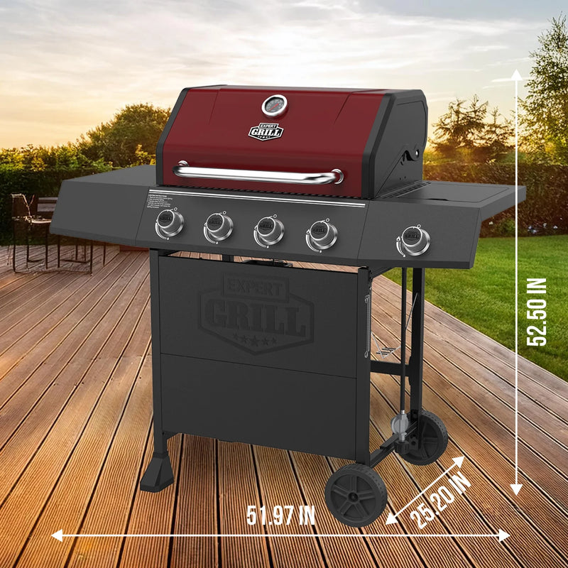 4 Burner with Side Burner Propane Gas Grill in Red, 60,000 Btus