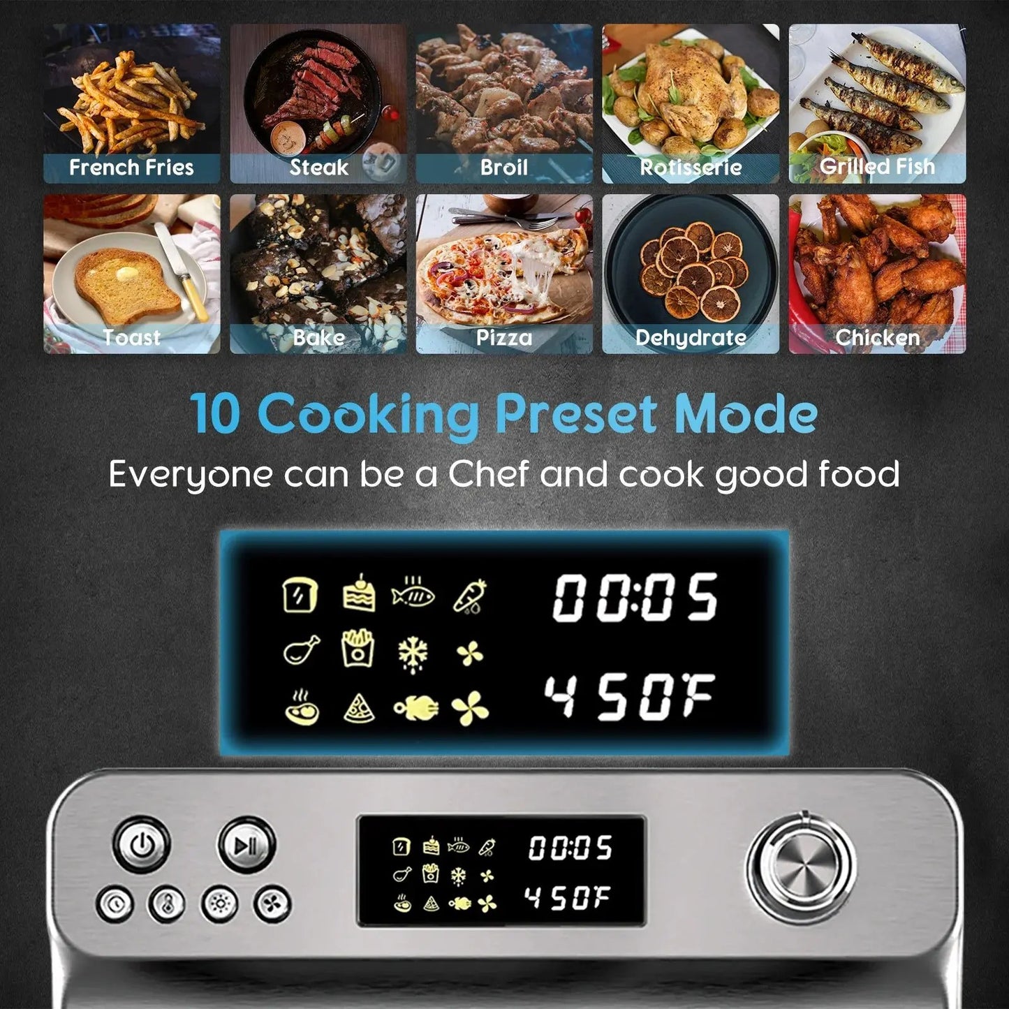 26QT 10-in-1 Stainless Steel Air Fryer Oven with Rotisserie - 1800W Convection Toaster Oven Combo, Easy to Clean Mini Toaster Oven