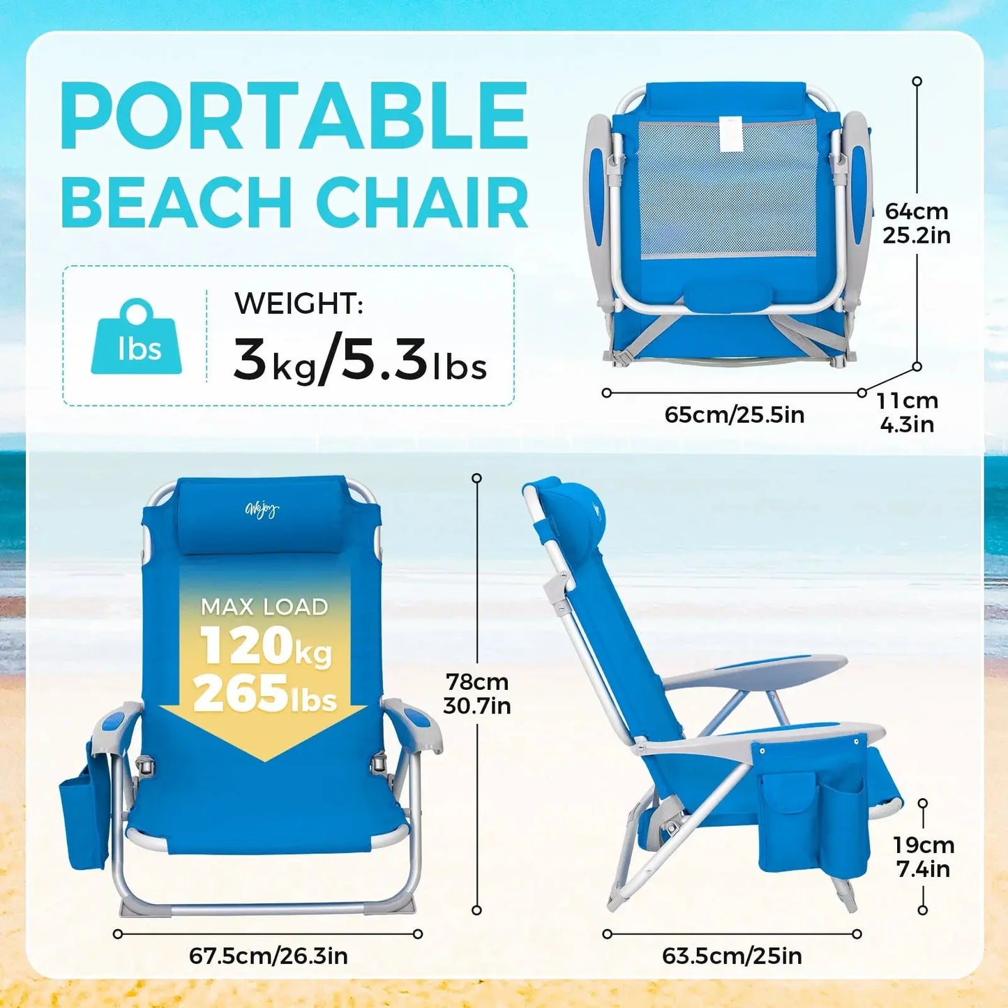 Ultimate Comfort: 4-Position Adjustable Backpack Beach Chair - Lightweight Aluminum Relaxation with Headrest, Cup Holder, and Towel Rack - Holds Up to 265 lbs!