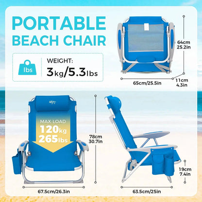 Ultimate Comfort: 4-Position Adjustable Backpack Beach Chair - Lightweight Aluminum Relaxation with Headrest, Cup Holder, and Towel Rack - Holds Up to 265 lbs!