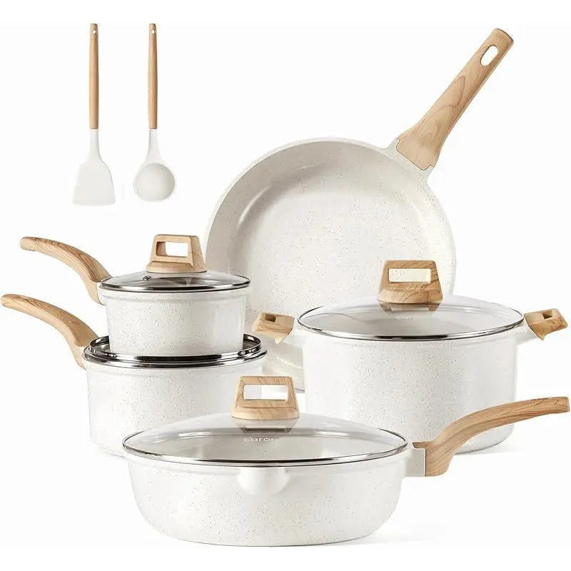 14-Piece Nonstick Pots and Pans Set – Complete Kitchen Cookware with Utensils and Pan Protectors, Black Design Cooking Home Modern Wooden Ceramic