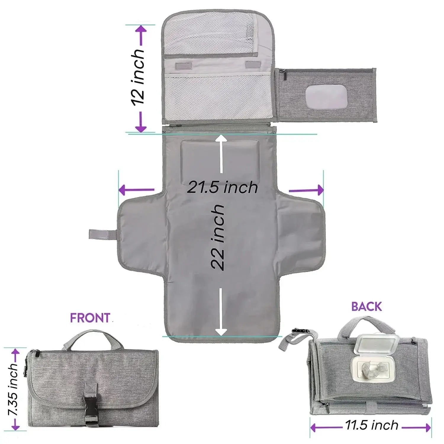 Portable Diaper Changing Pad, Waterproof Travel Baby Changing Kit with Wipes Pocket,Foldable,Gray