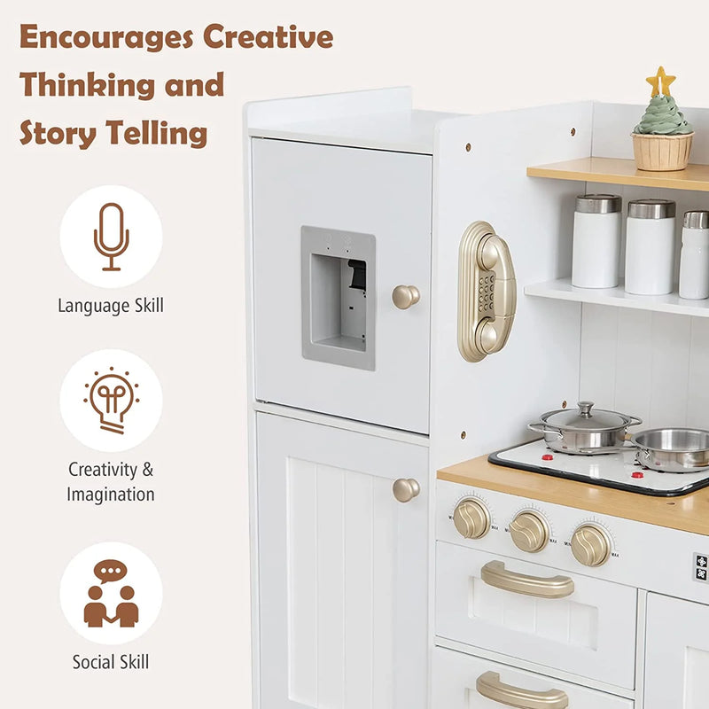 Kid Kitchen Playset, Toddler Wooden Pretend Cooking Set with Realistic Light & Sound, Stove, Sink, Microwave, Storage Cabinet,Pretend Play Kitchen Toy Set for Children Boys Girls