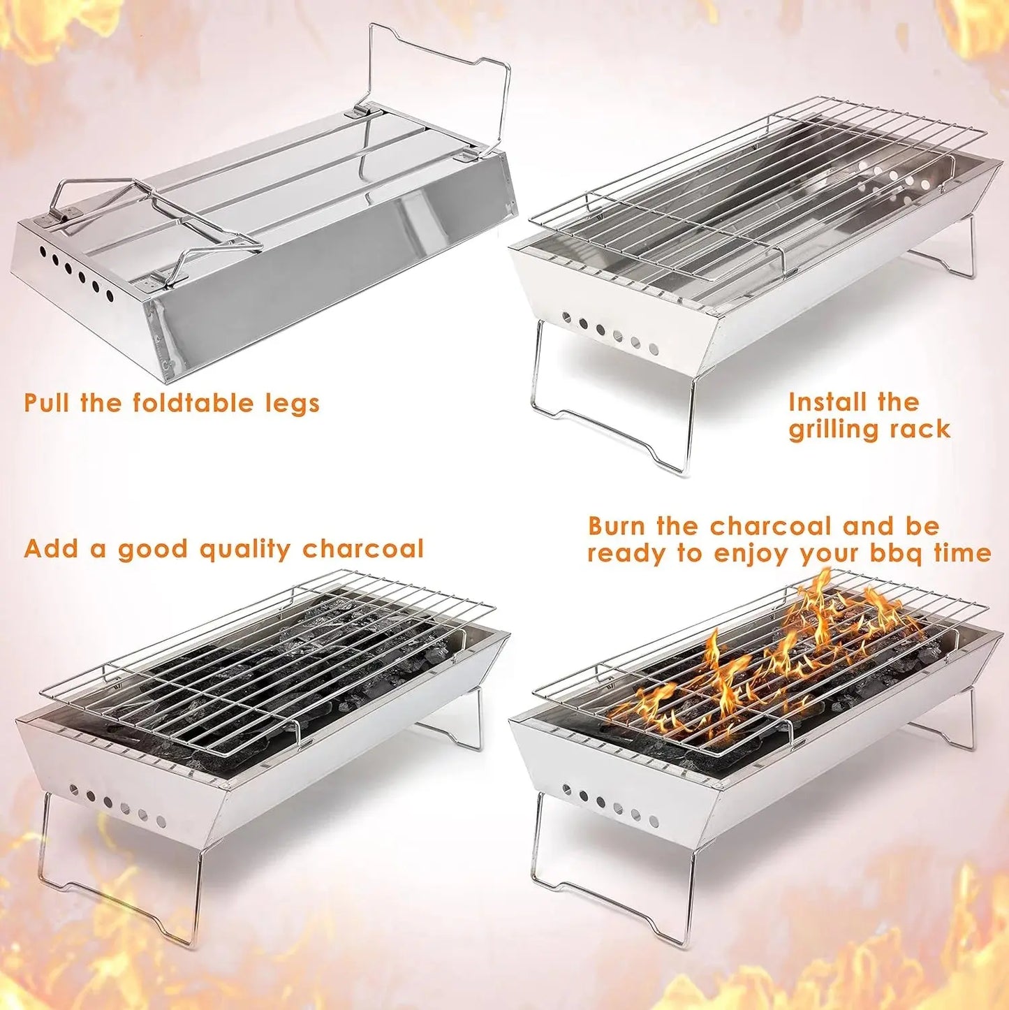 17" in Portable Tabletop Grill, Charcoal Barbecue Grill, Stainless Steel Portable Folding Tabletop Charcoal Grill for Shish Kabob Burgers & Meat Steak.