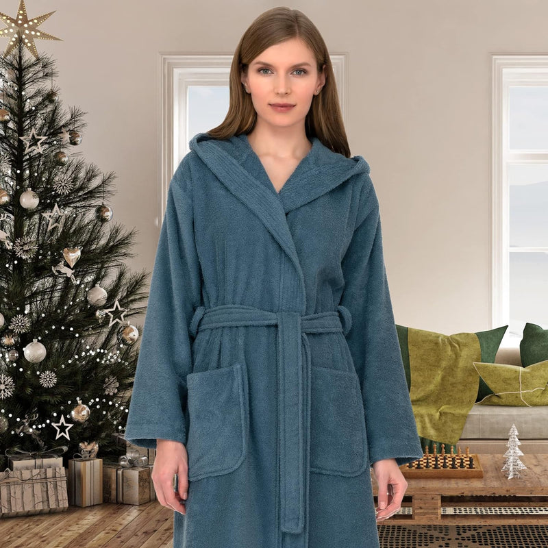 Womens Hooded Robe 100% Cotton Soft Towel Bathrobe Terry Cloth Shower Bath Robes for Women