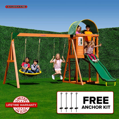 Amelia Wooden Swing Set with 2-Person Saucer Swing, 6' Slide & Play Fort - Heavy Duty & Lifetime Warranty!