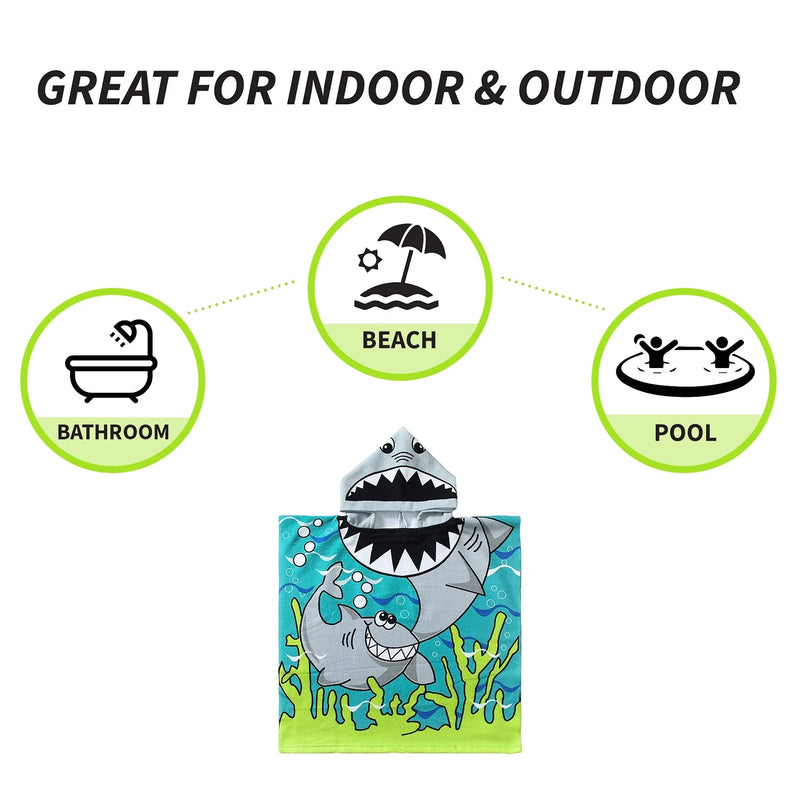 Shark Kids Hooded Beach Towel Pool Bath Towel Soft Absorbent Poncho, 24" X 24", Grey