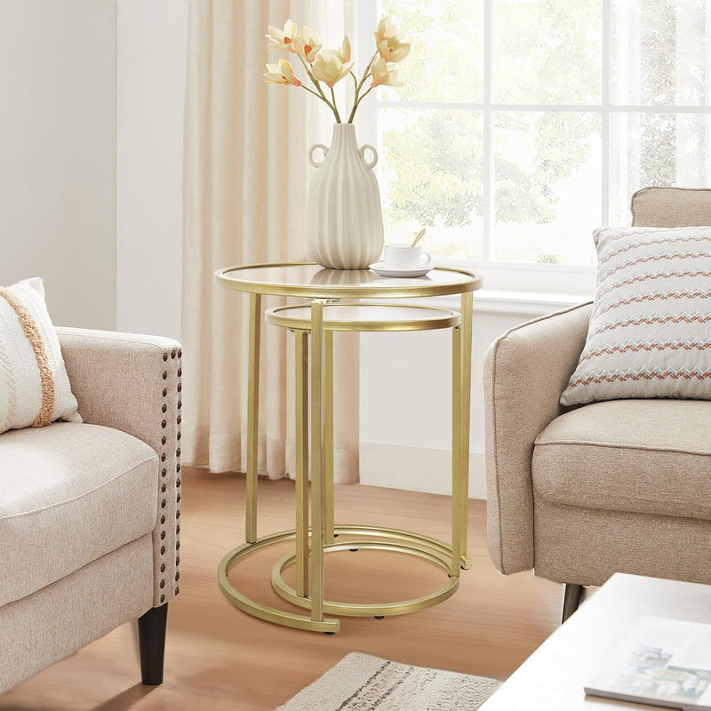 Set of 2 Gold Glass Nesting Side Tables - Round Stacking Coffee Tables for Small Spaces, Ideal for Living Room and Bedroom Decor