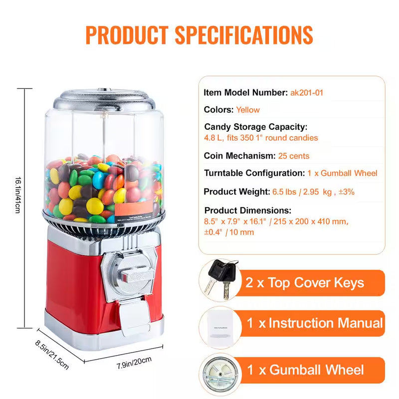 Gumball Machine for Kids, 16 In. H Candy Vending Dispenser Dry Food Dispensers Red