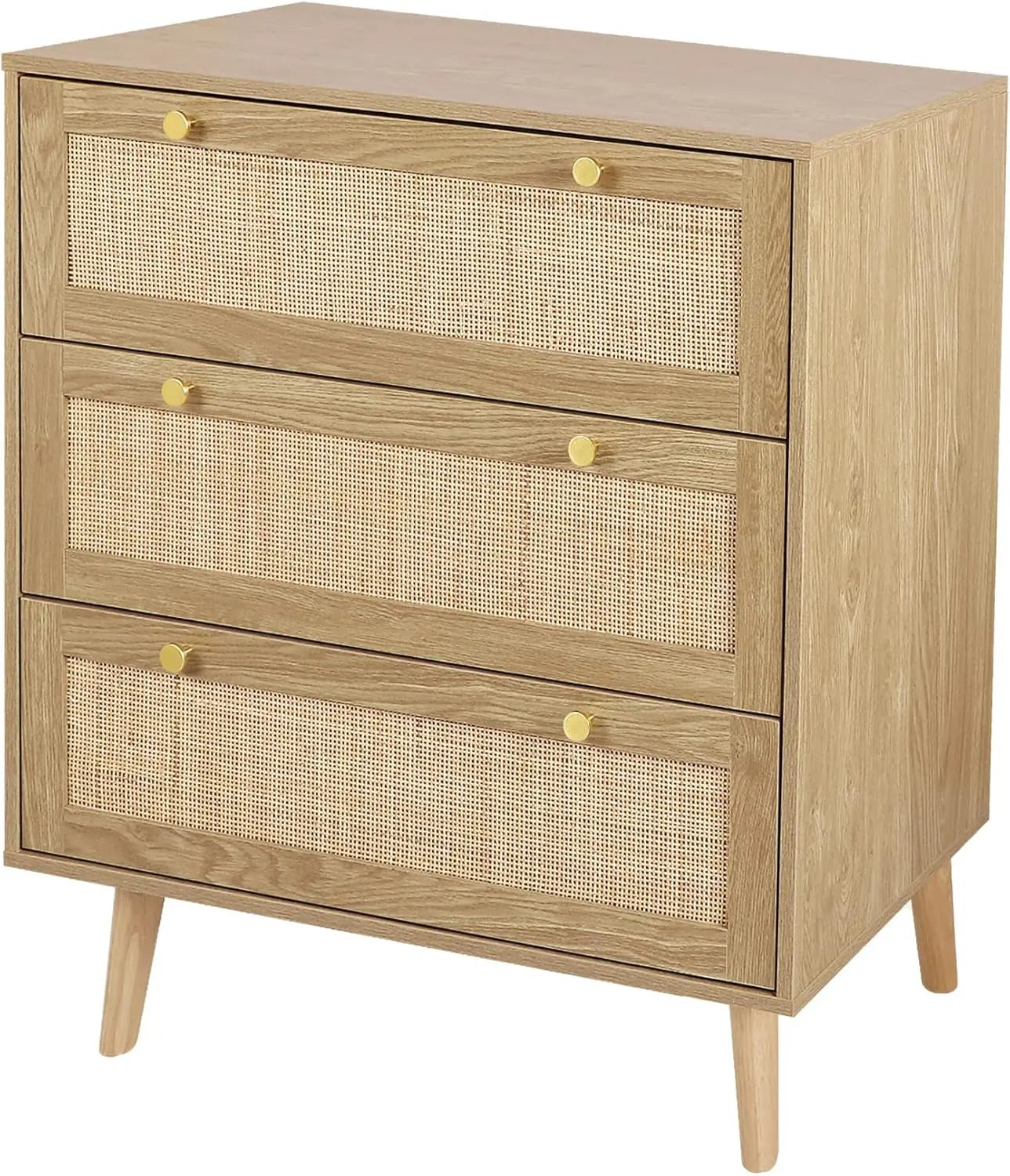 3 Drawer Dresser for Bedroom, Rattan Dresser Modern Wood Chest of Drawers with Spacious Storage for Bedroom Hallway Living Room, Rustic Oak, H0027